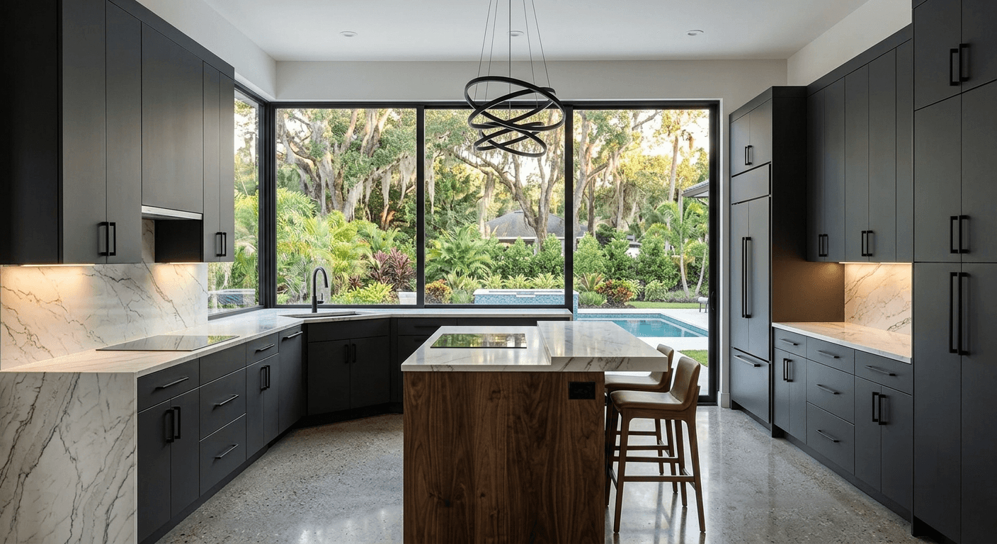 Charcoal flat-panel kitchen with walnut waterfall island, marble backsplash, and black hardware