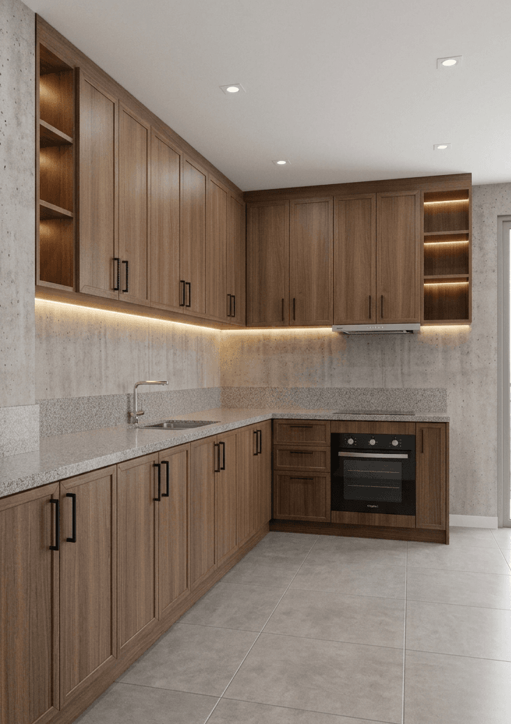 Custom walnut kitchen cabinetry installed by Two Miles Services