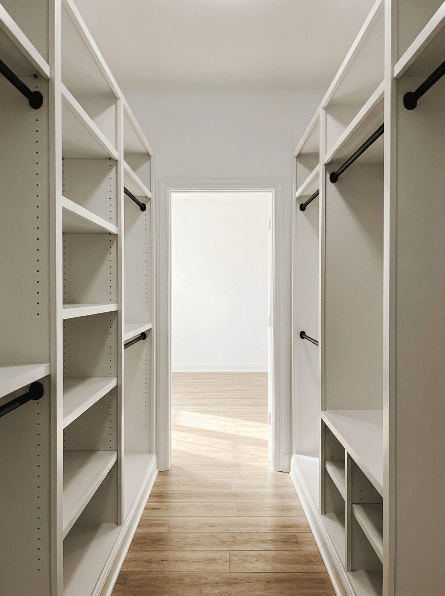 Walk-in closet with white shelving towers and black hanging rods