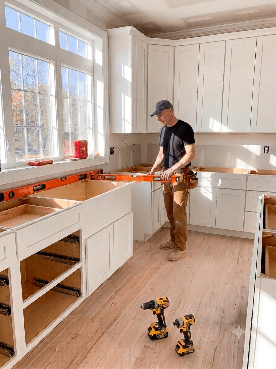Installer checking a run of white kitchen base cabinets with a level